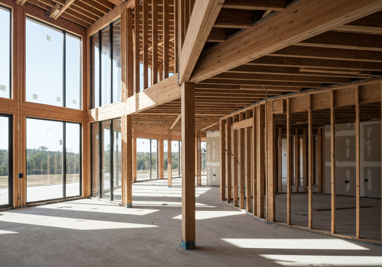 Custom home interior construction with large windows