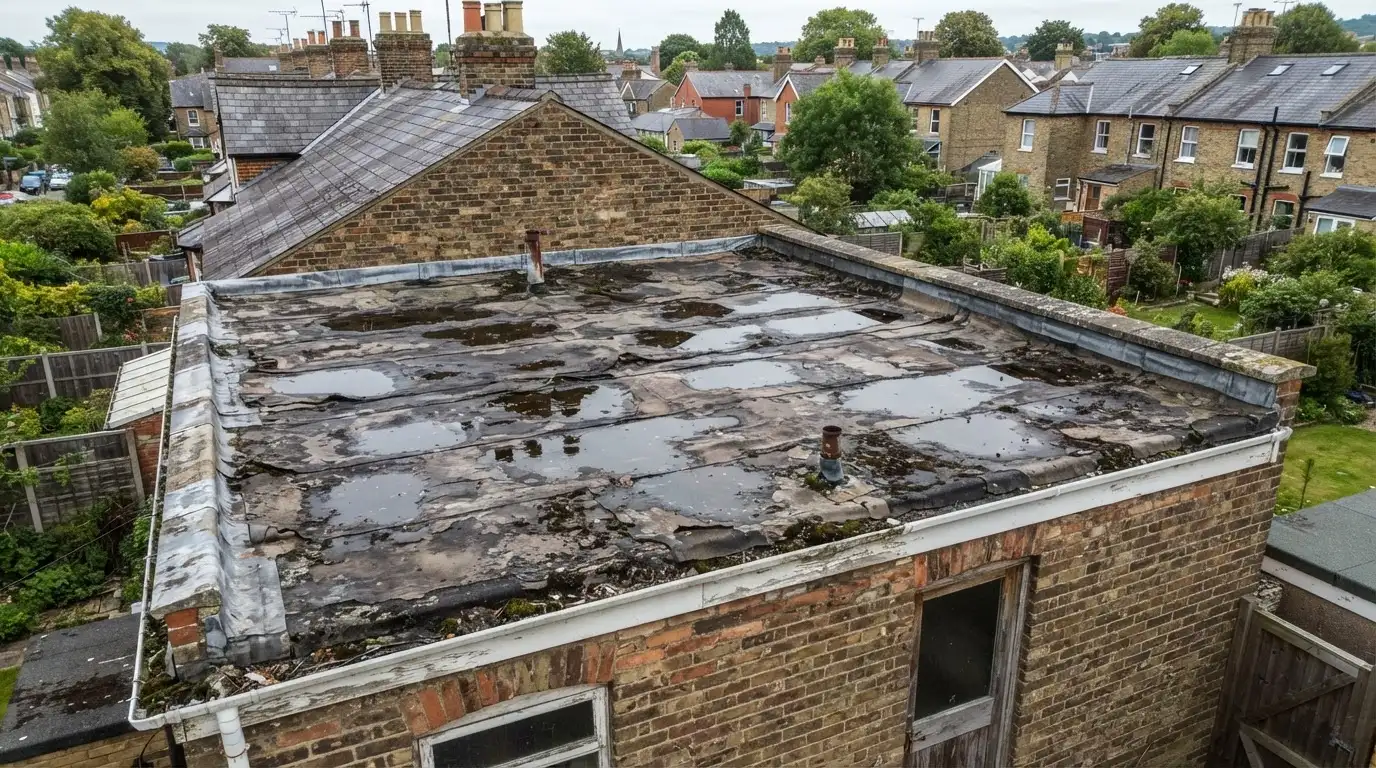 Before: Old worn flat roof before replacement