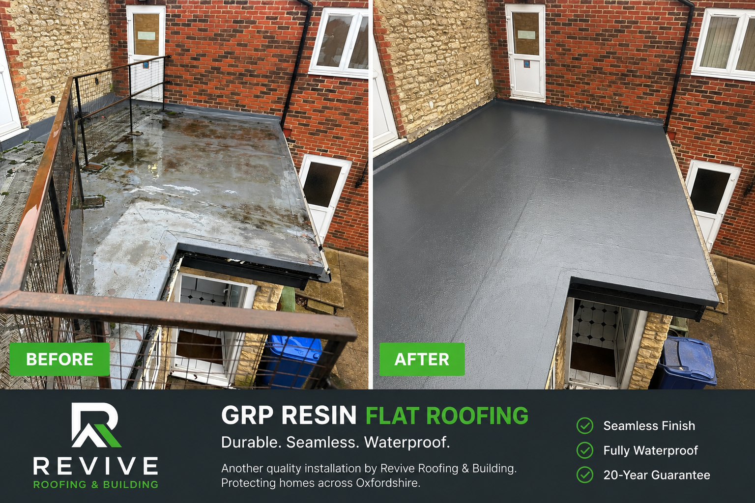 Before and after GRP resin flat roofing project by Revive Roofing