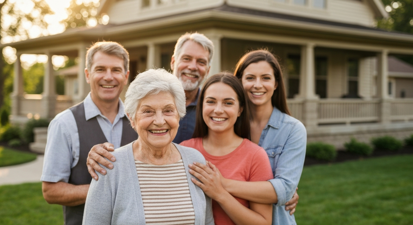 Happy family in front of new home