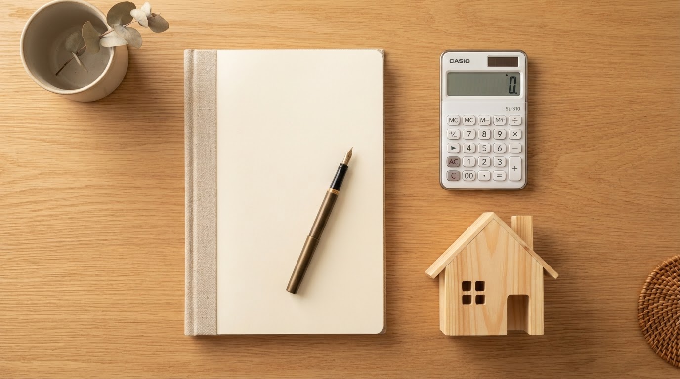 Clean desk with notebook, pen, calculator, and small wooden house model, representing financial preparation before applying for a mortgage in Wisconsin