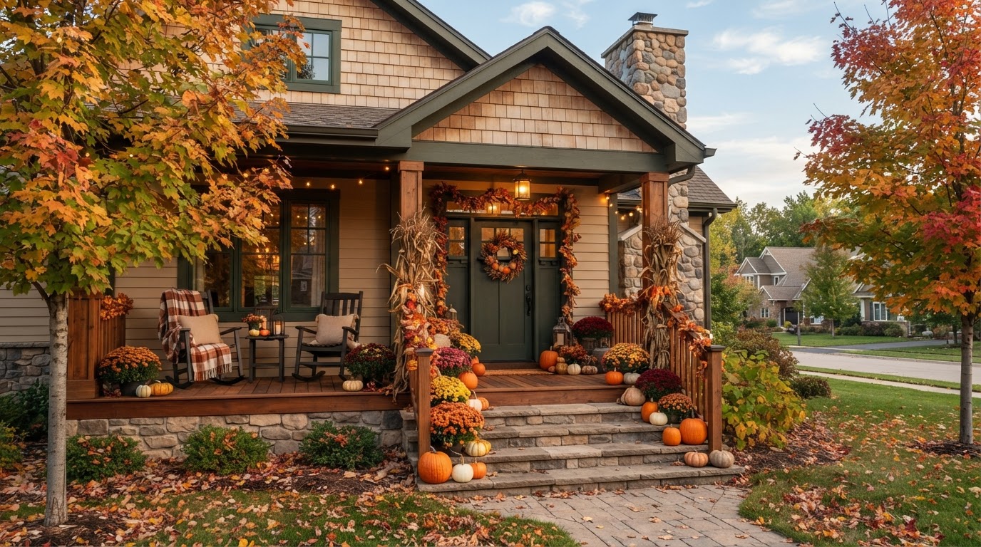 Welcoming front porch of a Midwestern home with autumn leaves, representing the first-time homebuyer journey in Milwaukee County