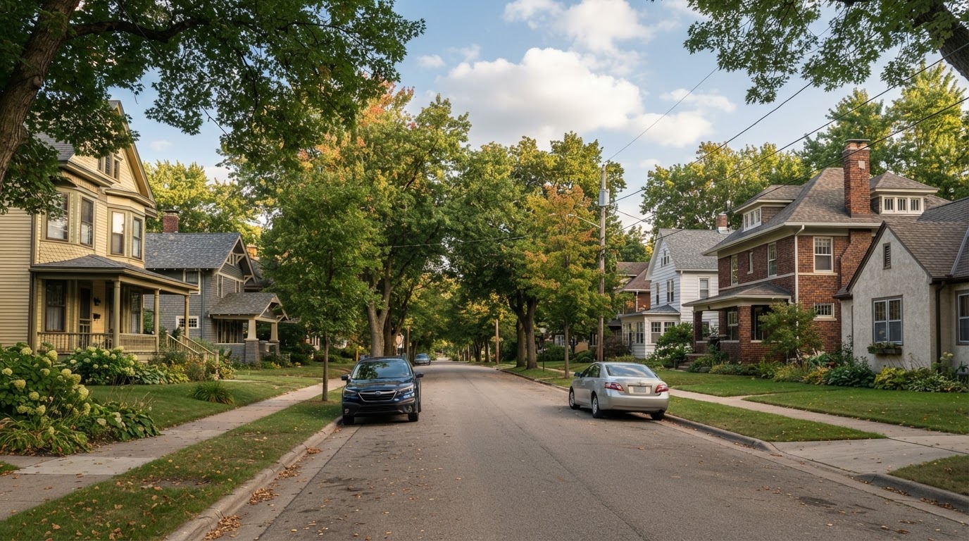 Quiet residential street with a mix of city and suburban homes in Wisconsin, representing the choice between buying in Milwaukee or the suburbs