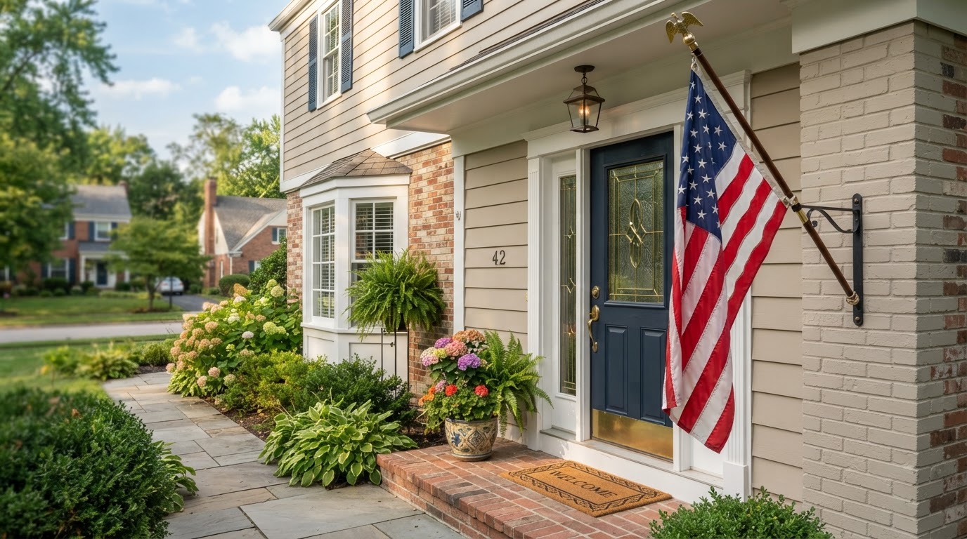 American flag beside the front door of a suburban home, representing VA home loans for veterans and active-duty buyers in Wisconsin