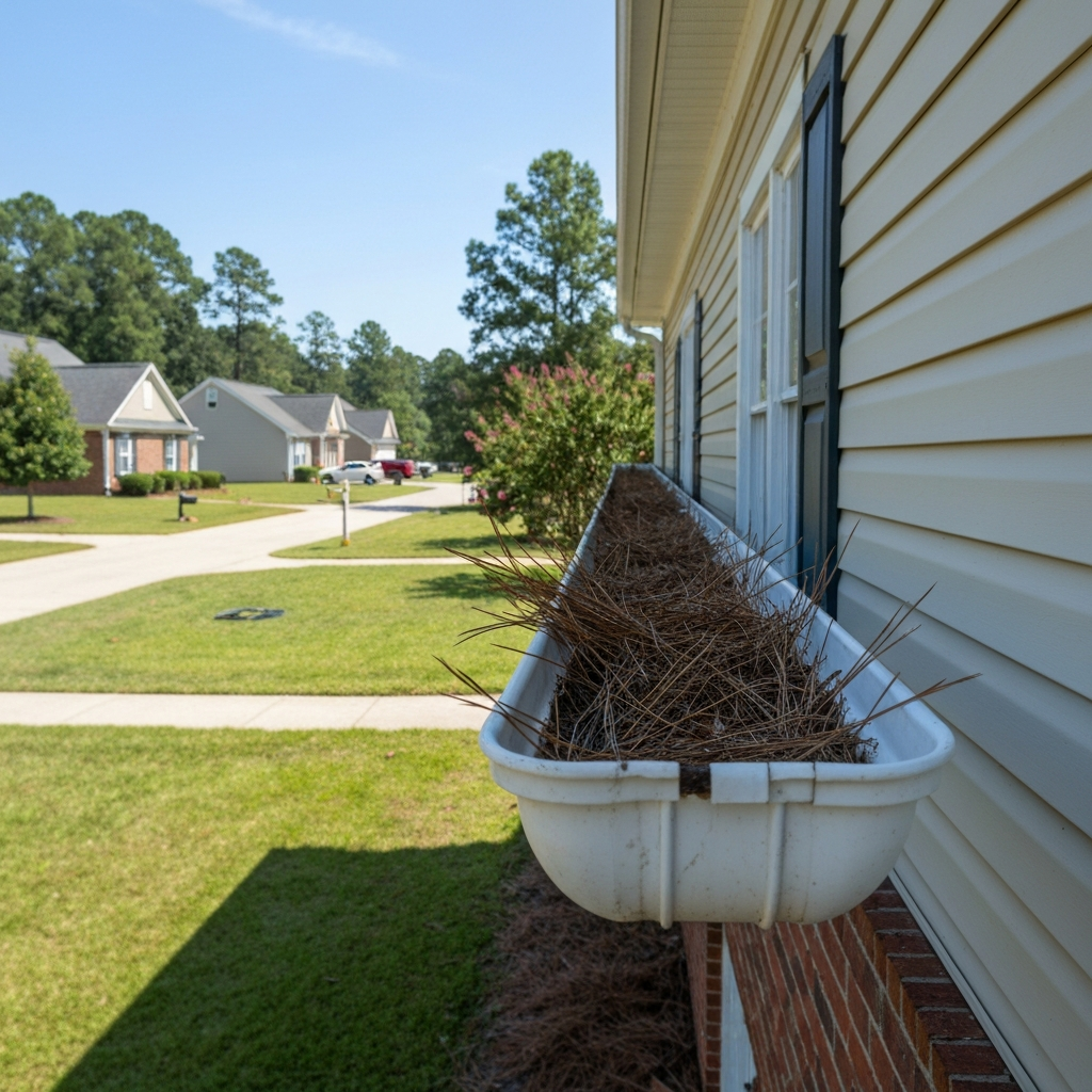 Pine needles being cleared from a clogged gutter in Raleigh, NC