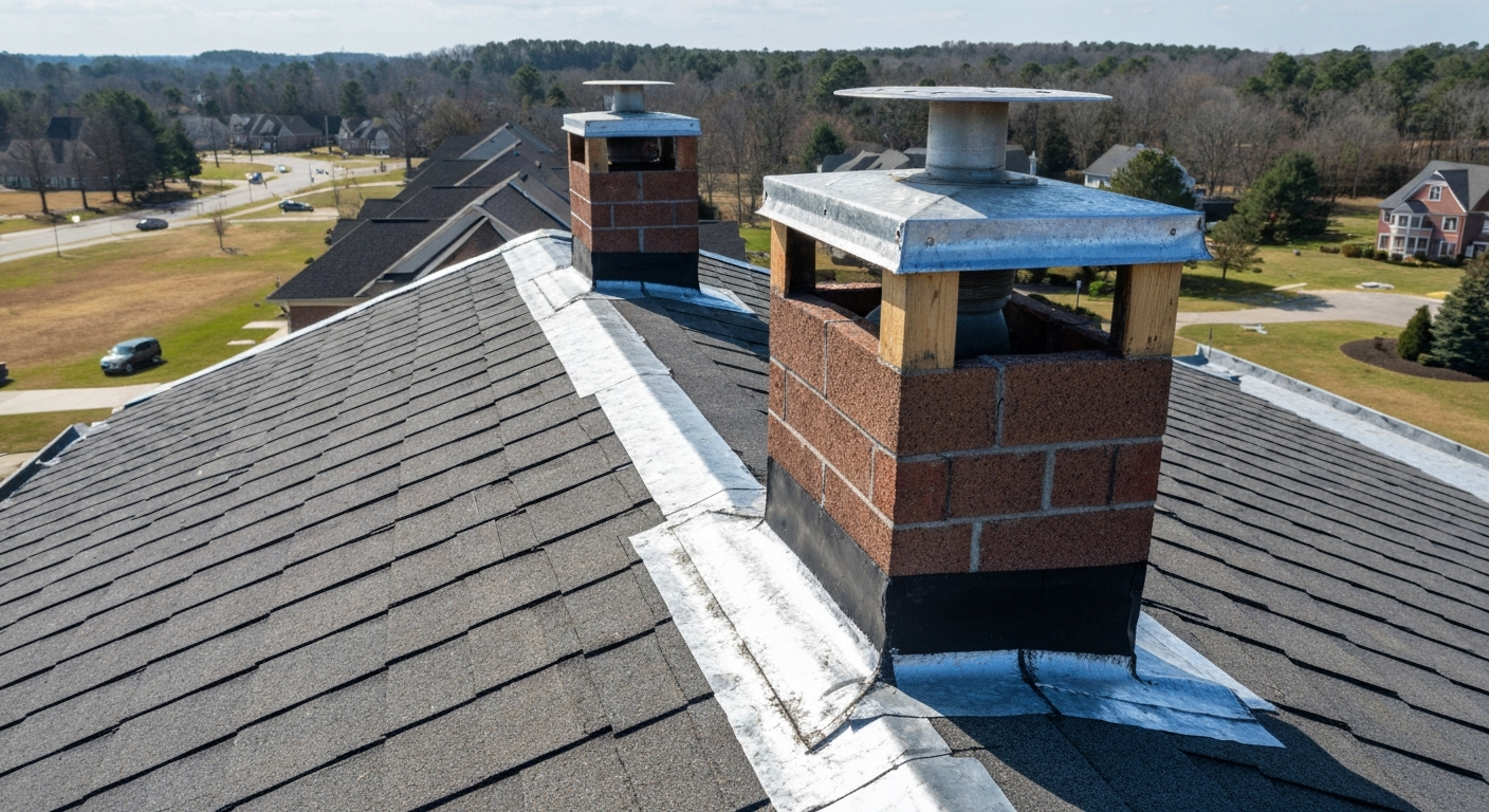 Step flashing and counter flashing at a chimney on a Raleigh, NC roof