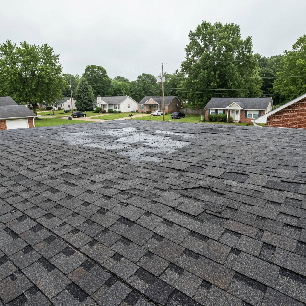 Hail impact bruising visible on asphalt shingles in Raleigh, NC