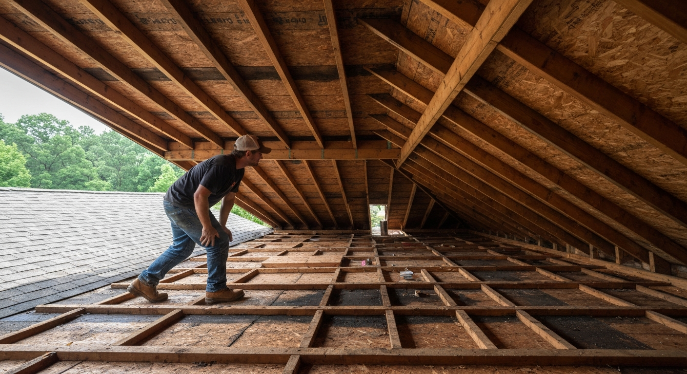 Roofer inspecting an attic for water intrusion in a Raleigh, NC home