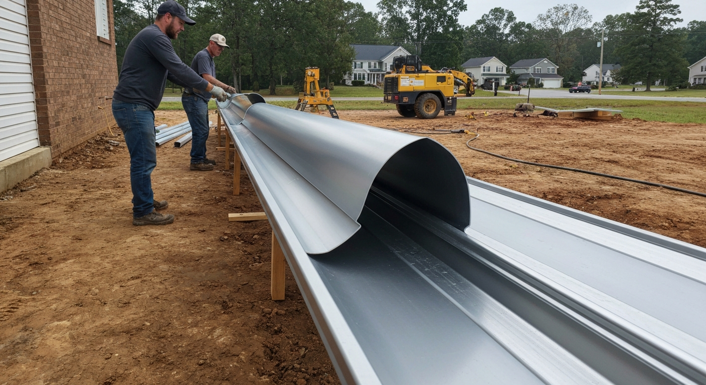 Seamless gutter being formed on site from a coil in Raleigh, NC