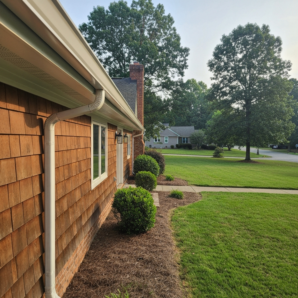 New seamless gutters installed along the eave of a Raleigh, NC home