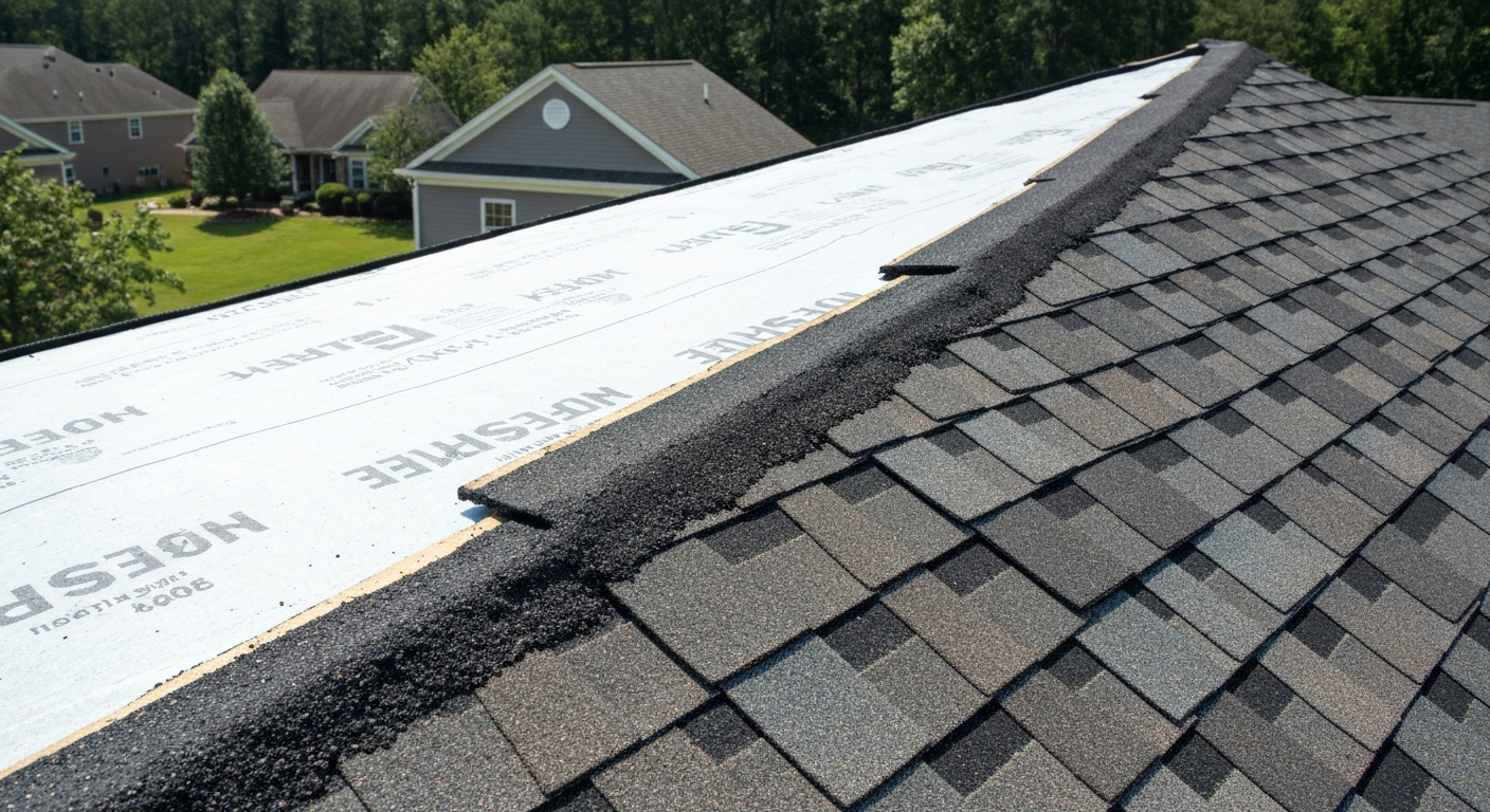 Architectural asphalt shingles being nailed in courses on a Raleigh, NC roof