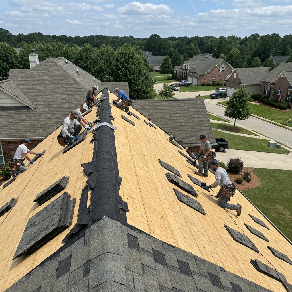 Roof Hail Damage Repair in progress on a Raleigh, NC home
