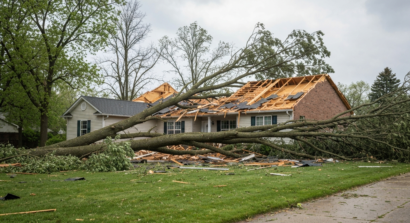 Storm damaged roof with missing shingles on a Raleigh, NC home