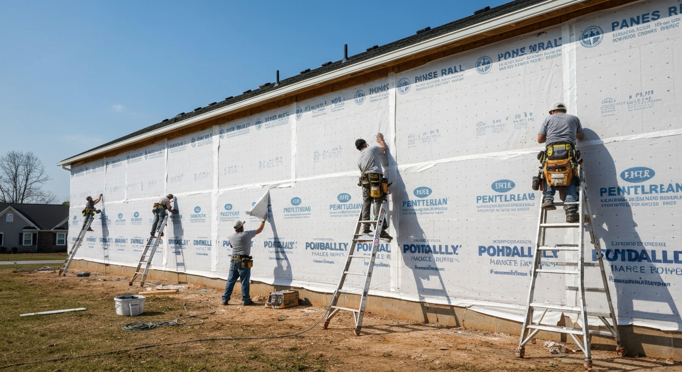 House wrap being taped and lapped on a wall in Raleigh, NC