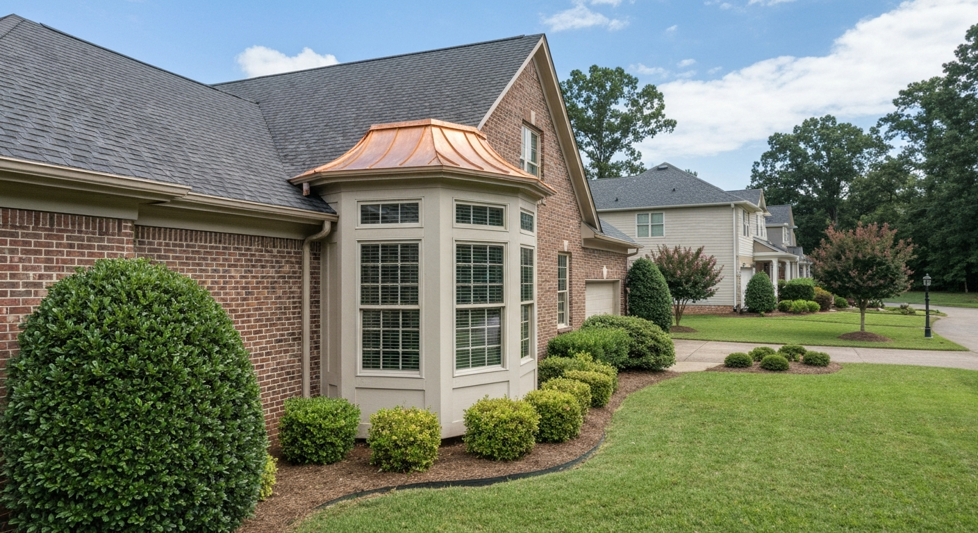 Bay window with copper roof on the front of a Raleigh, NC home