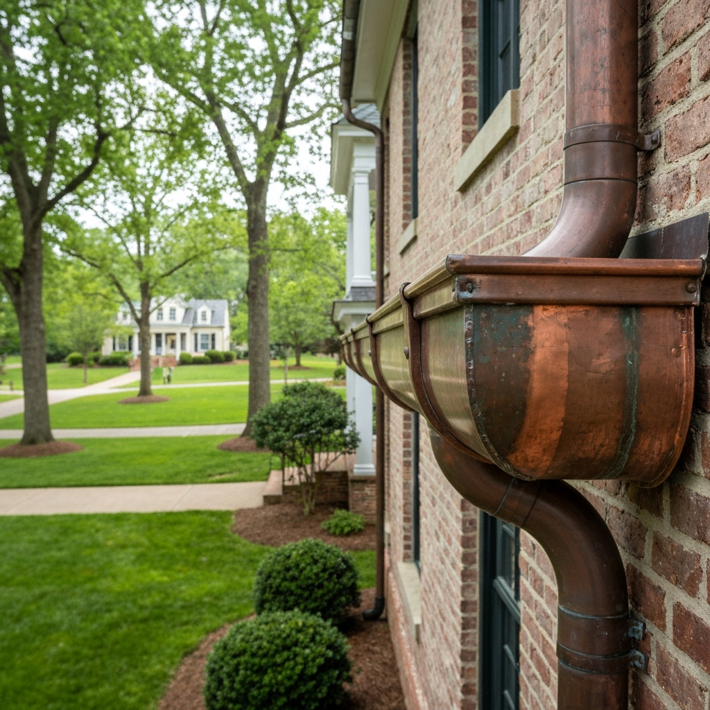 Copper half round gutter with developing patina on a historic Raleigh, NC home