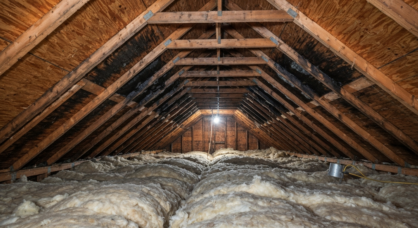 Attic inspection showing water staining on roof decking in a Raleigh home