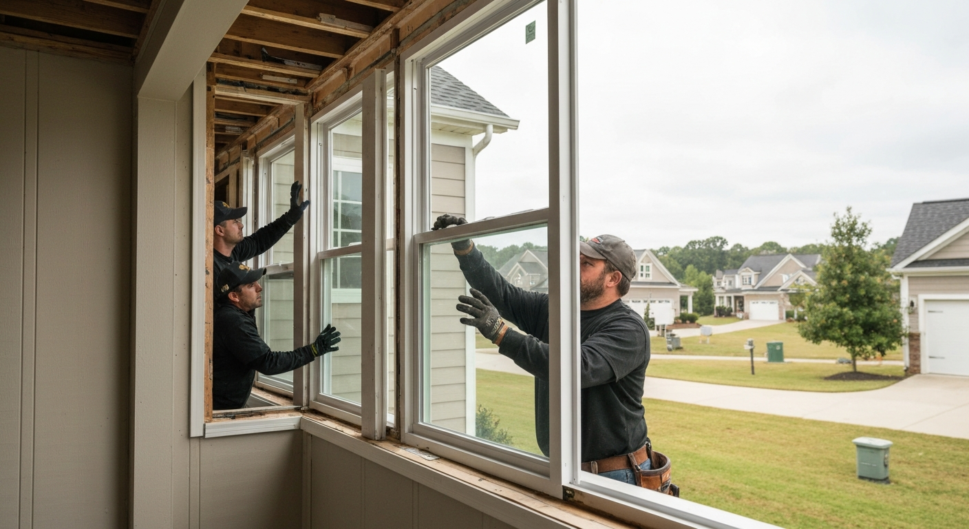 Replacement window being set into an opening in a Raleigh, NC home