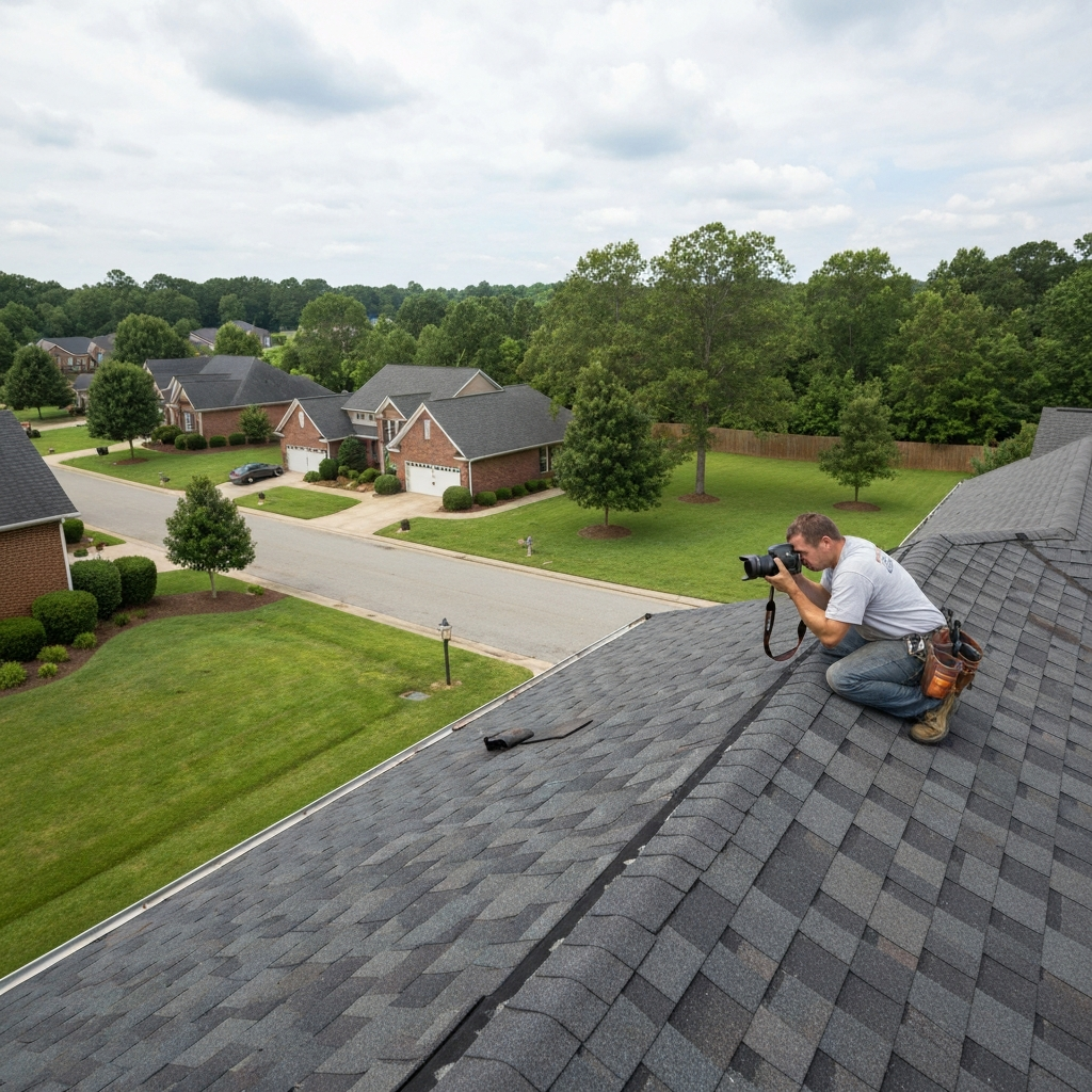 Roofer photographing shingle condition during an inspection in Raleigh, NC