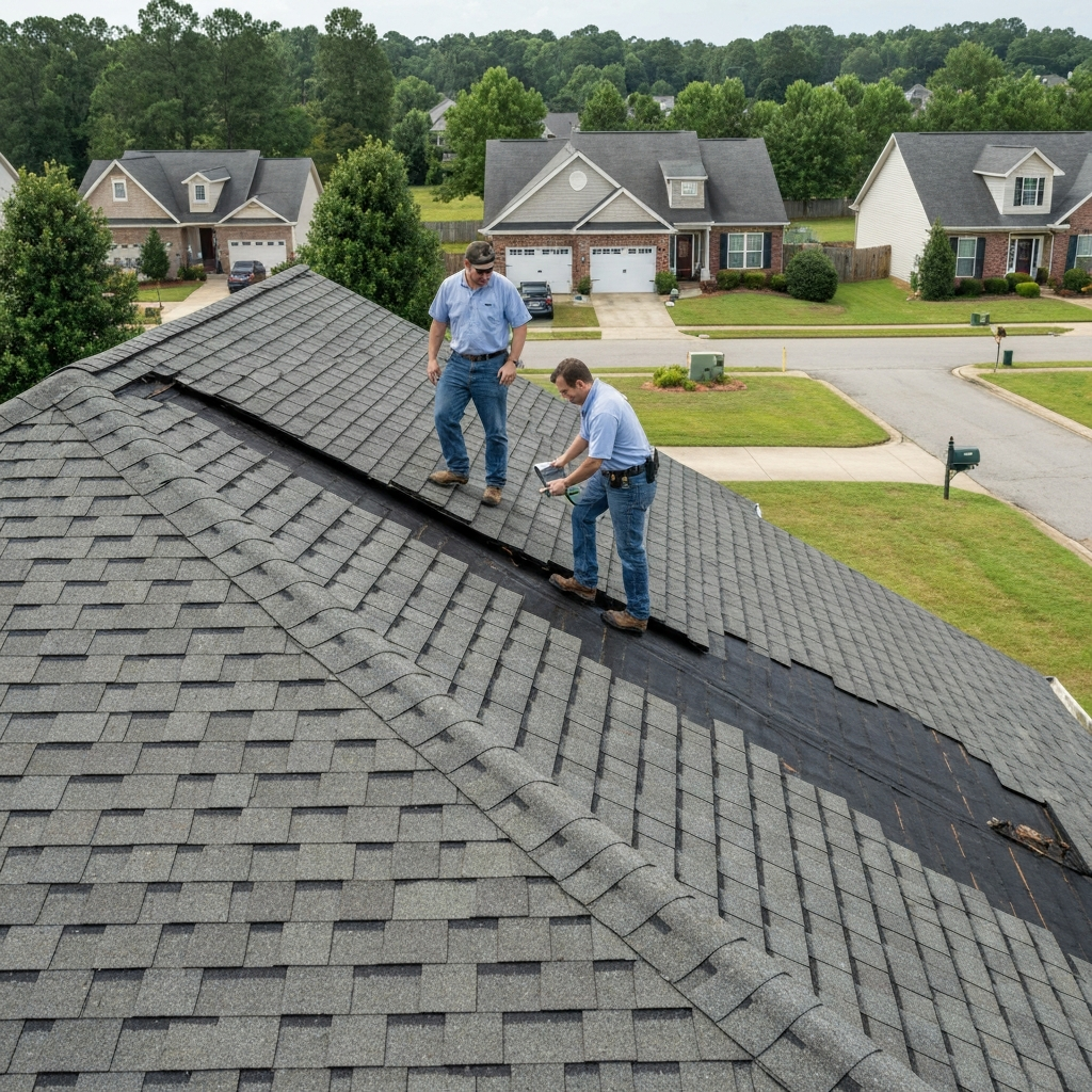 Contractor and insurance adjuster reviewing storm damage on a Raleigh, NC roof