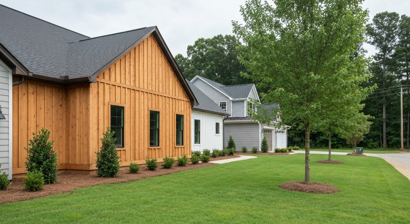 Board and batten siding on a modern farmhouse in Raleigh, NC