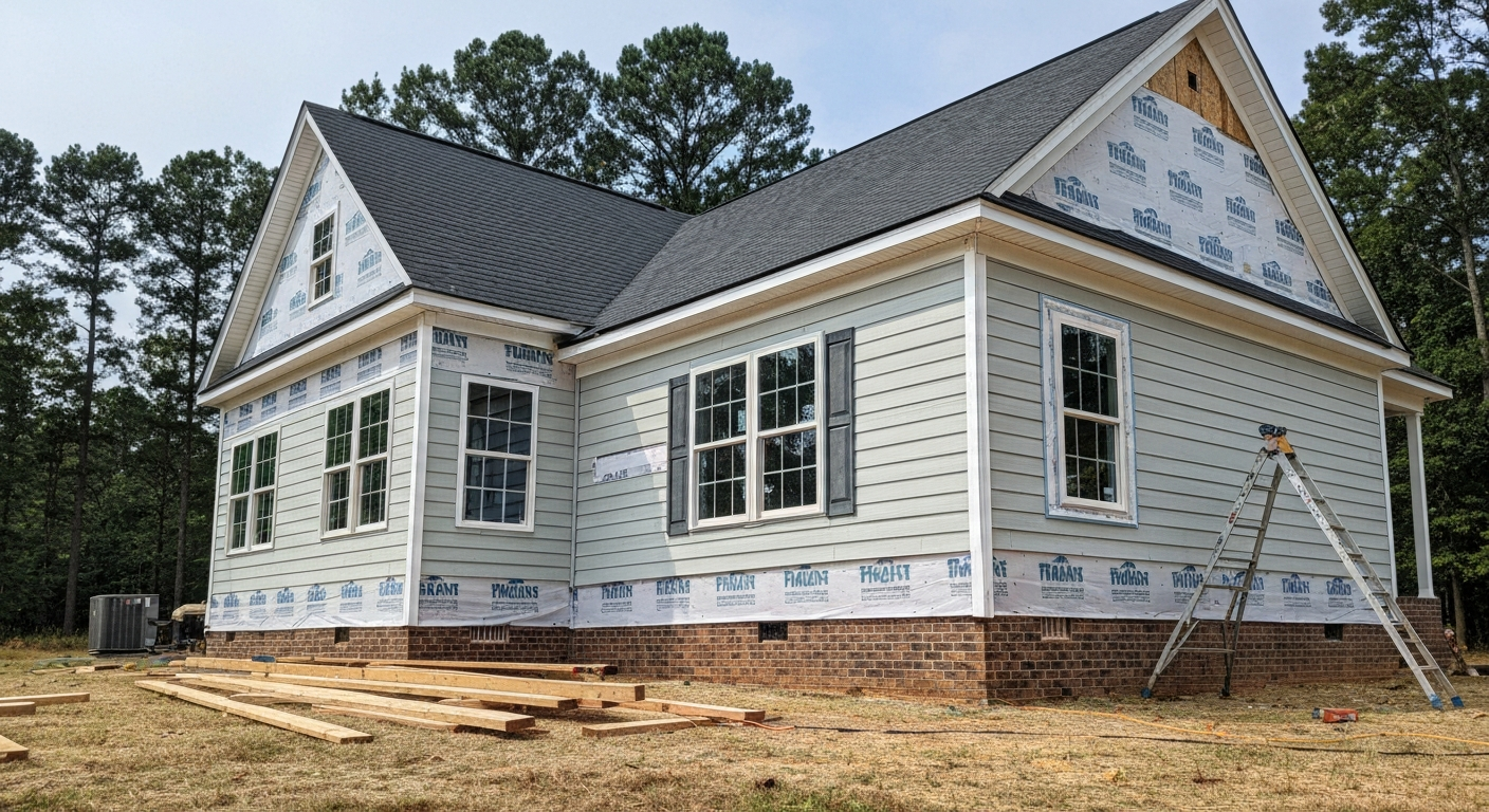 Siding installation project in progress on a suburban home in Raleigh, NC