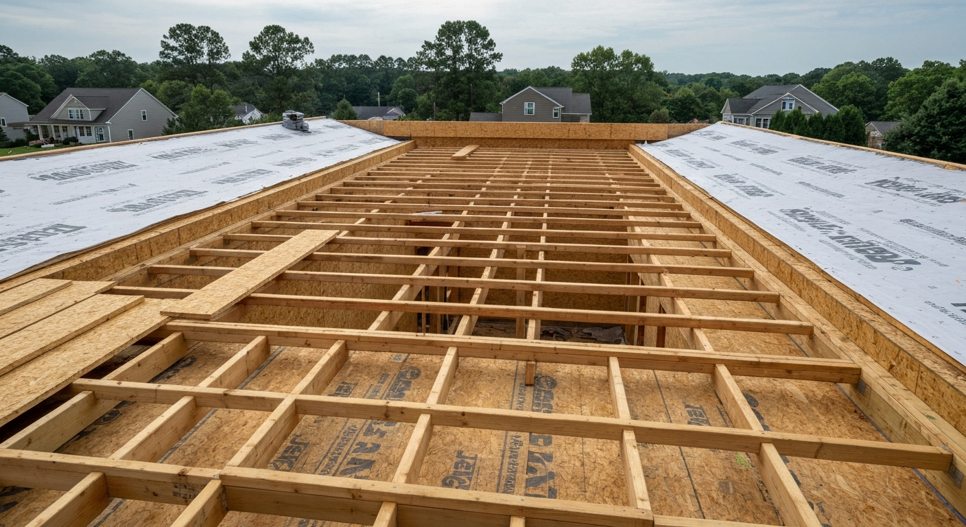 Framed roof deck on a new addition in Raleigh, NC with underlayment going down