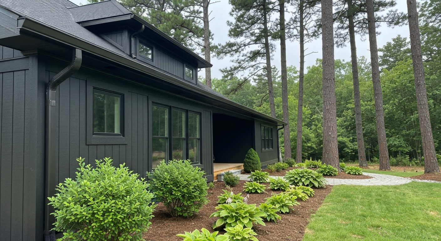 Seamless gutters and downspout on a home under pine trees in Raleigh, NC