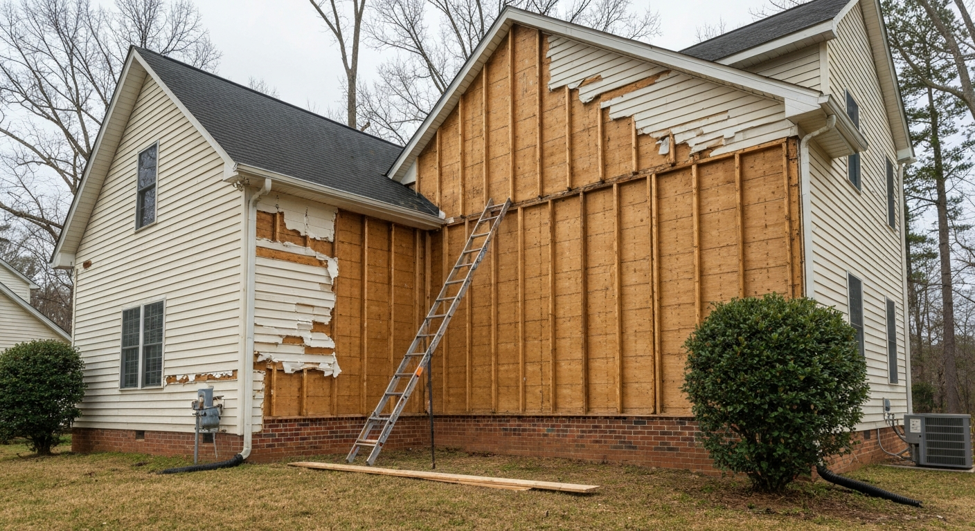 Old siding removed exposing sheathing on a Raleigh, NC house