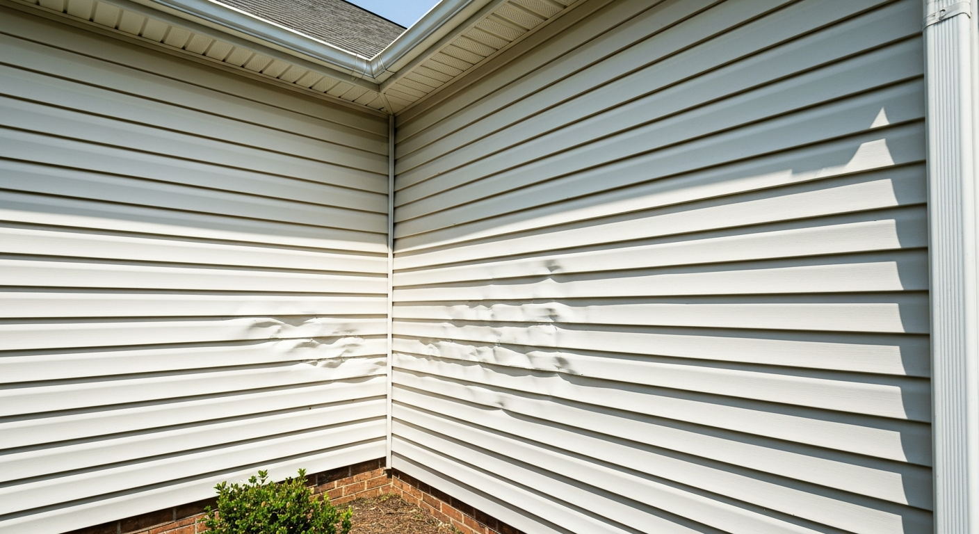 Hail damage dents visible across vinyl siding on a Raleigh, NC home