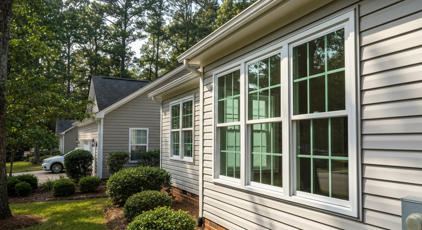 White vinyl replacement windows installed on a Raleigh, NC house