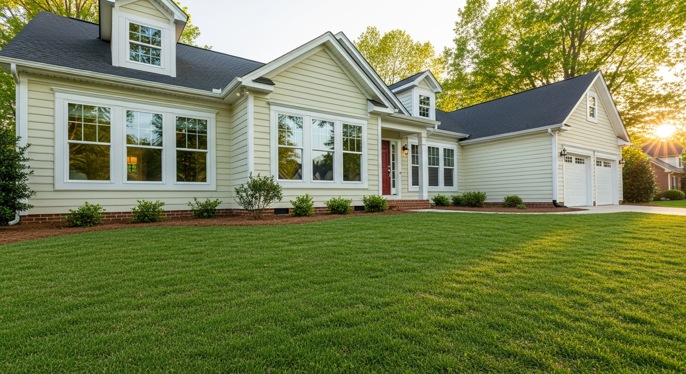 New vinyl replacement windows across the front of a Raleigh, NC home