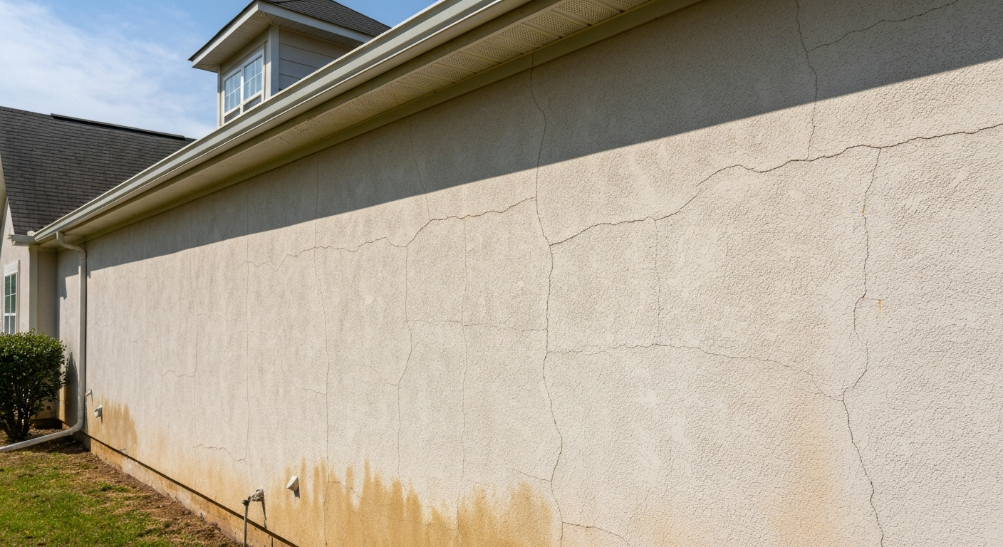 Stucco wall showing cracking and staining on a Raleigh, NC home