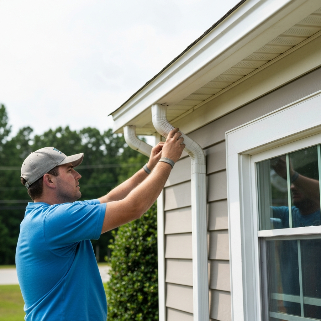 Contractor checking gutter pitch and hanger condition in Raleigh, NC
