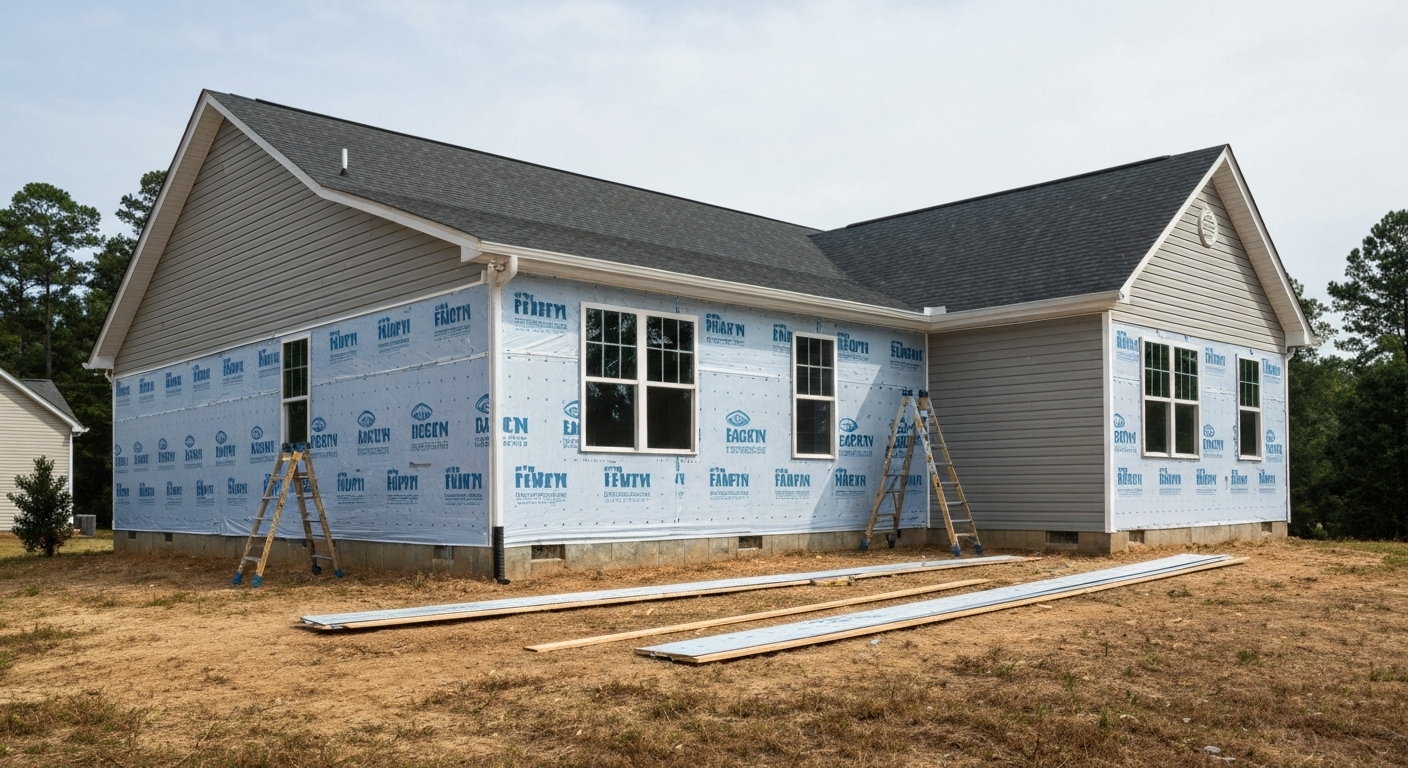 New siding being installed over house wrap on a Raleigh, NC home