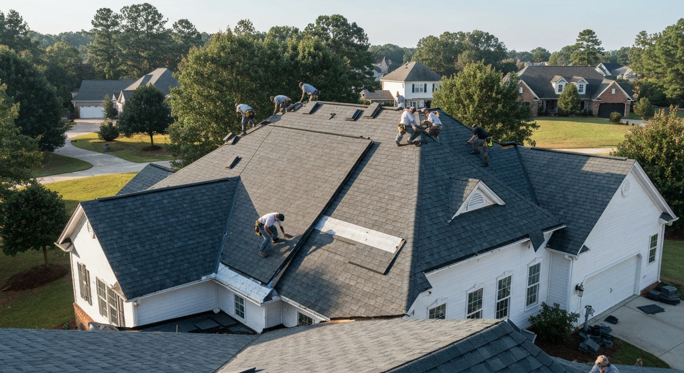 Architectural asphalt shingles being installed on a Raleigh, NC home