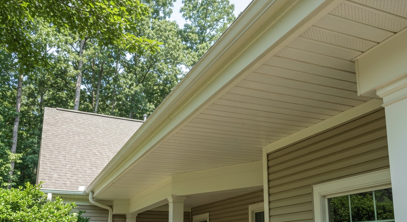 Vented vinyl soffit installed under a roof eave in Raleigh, NC