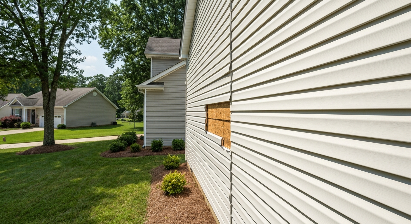 Damaged vinyl siding panel being replaced on a Raleigh, NC home