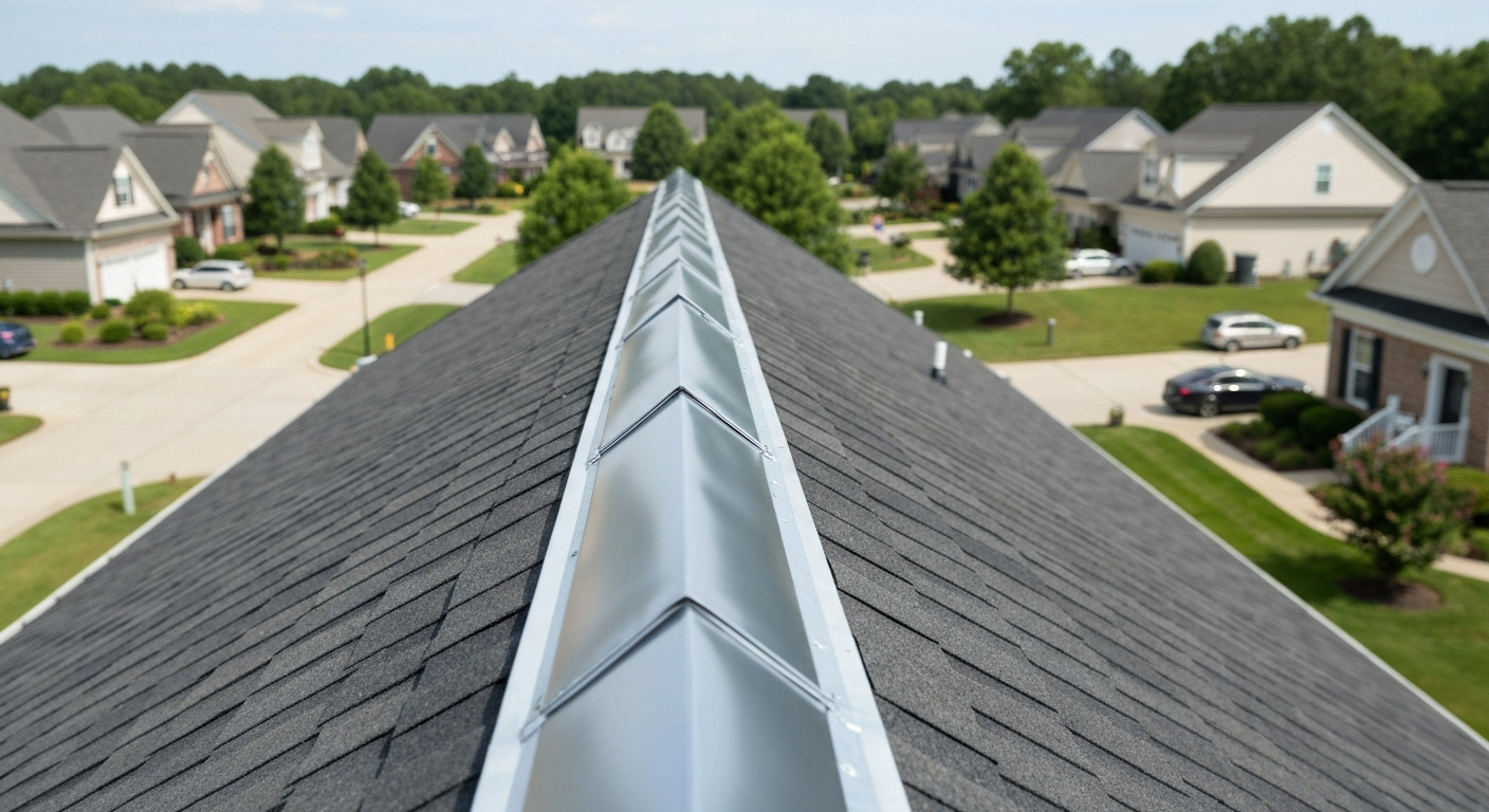 Ridge vent installed along the peak of a roof in Raleigh, NC