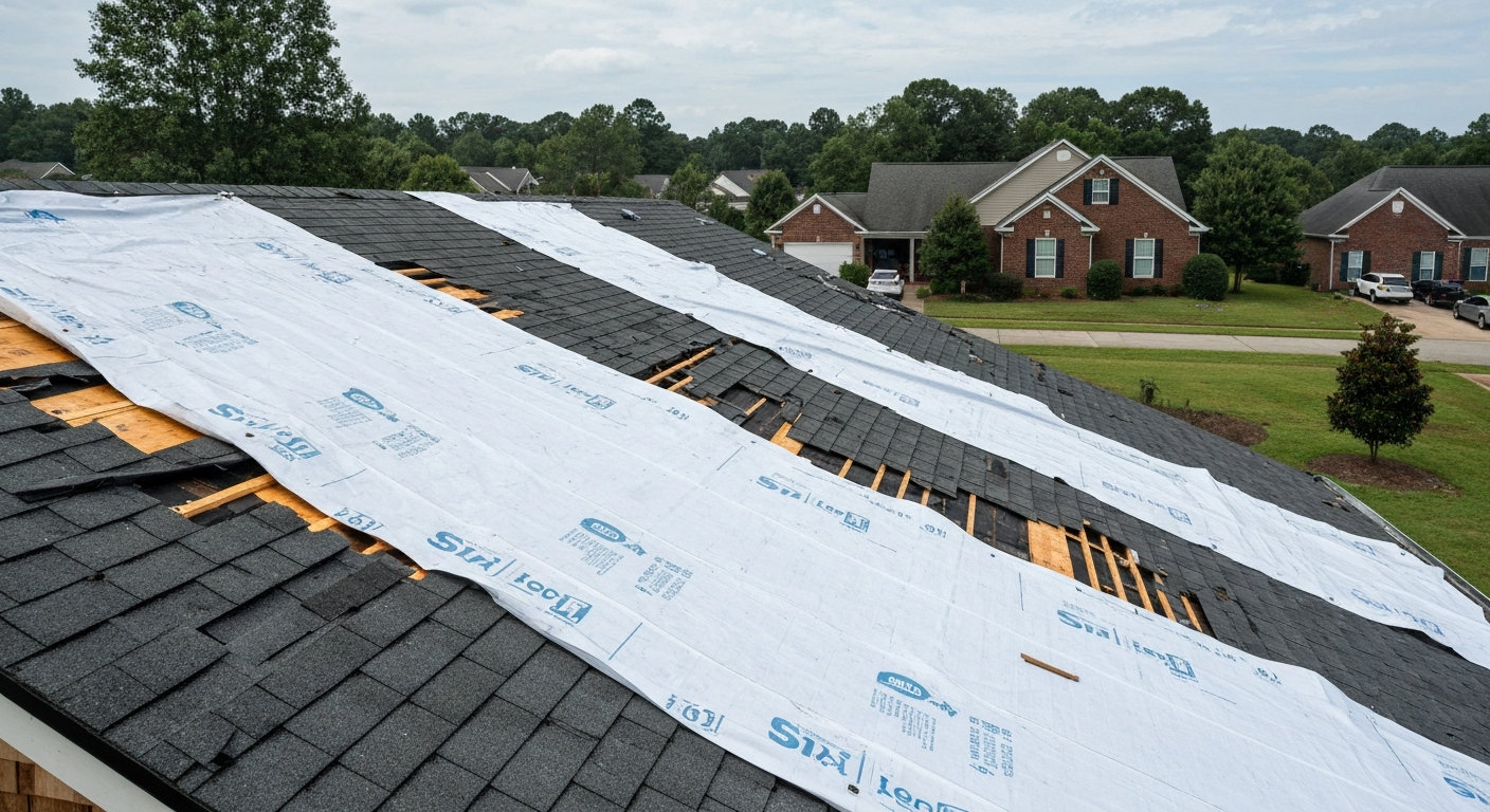 Emergency tarp secured over storm damage on a Raleigh, NC roof