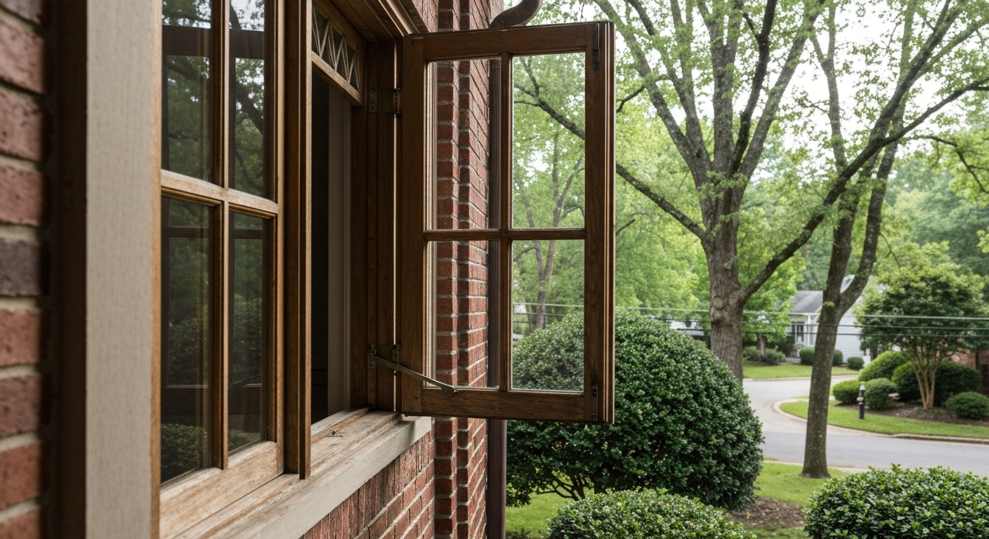 Casement window cranked open on a Raleigh, NC home
