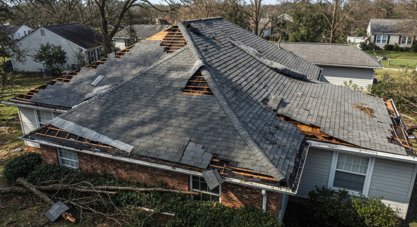 Storm-damaged roof with missing shingles and scattered tree debris in Raleigh, NC
