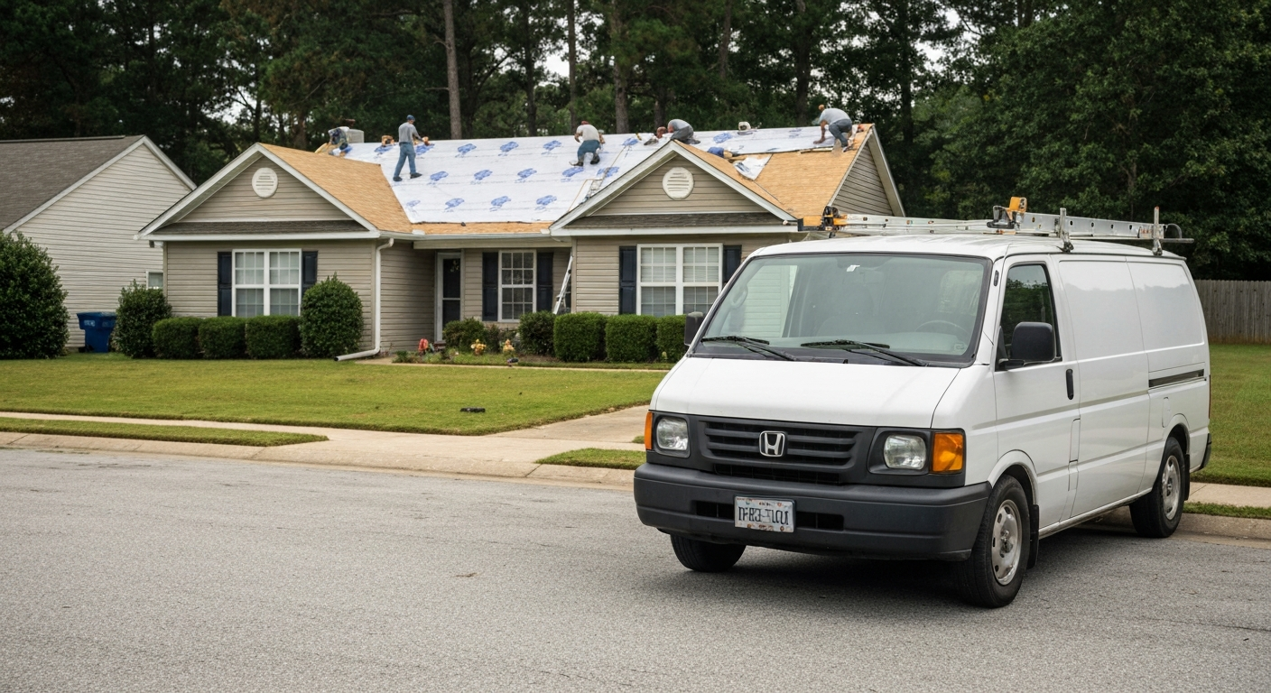 Newer white work van parked in front of a house during roof repair in Raleigh, NC