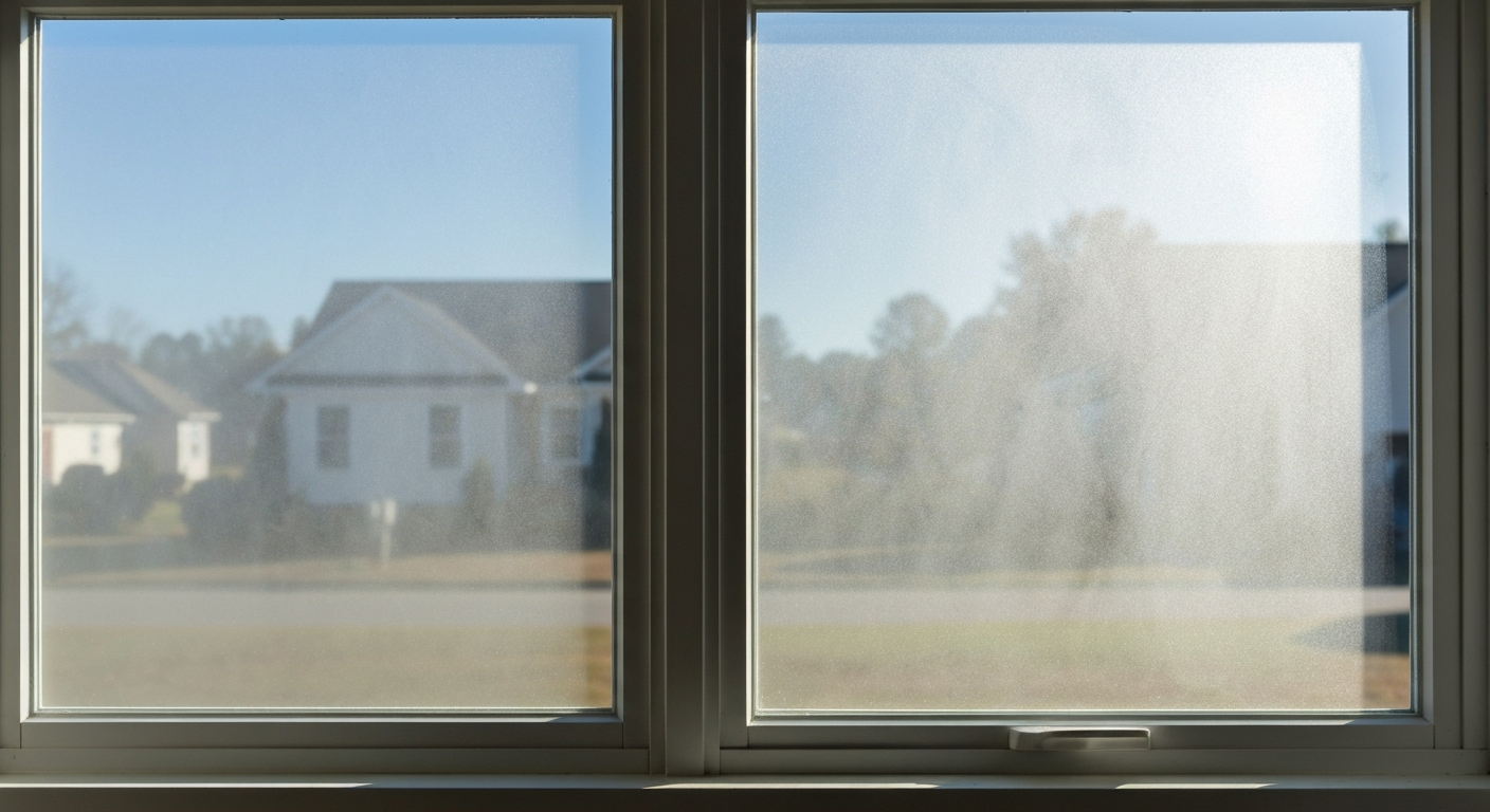 Double pane window with a failed seal showing fog between the panes