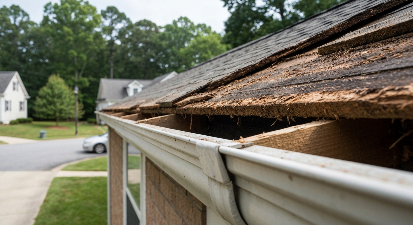 Rotted fascia board being replaced behind a gutter in Raleigh, NC