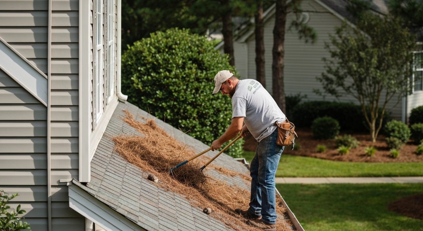 Roofer clearing pine needles from a roof valley in Raleigh, NC