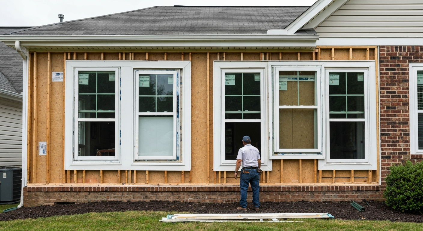 Vinyl Window Installation in progress on a Raleigh, NC home