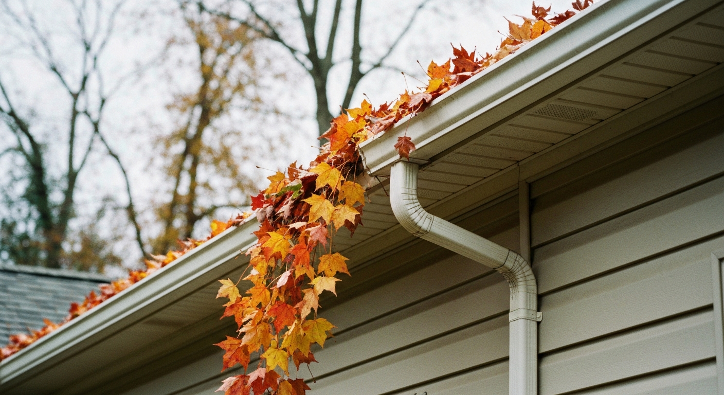 Close-up of a clogged gutter filled with leaves on a Raleigh, NC home