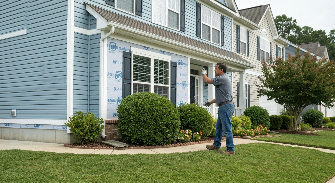 Contractor inspecting siding condition on a Raleigh, NC home