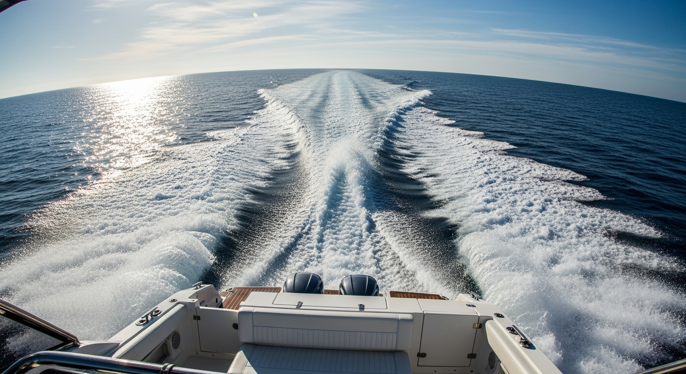View of the ocean wake from the back of a speeding boat